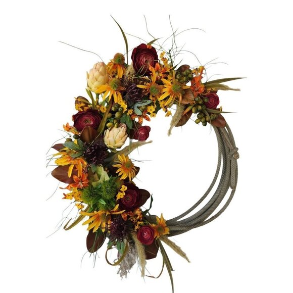 22 inch Summer Fall Harvest Rope Wreath With Faux Wild Flowers & Greenery For Ho - Picture 1 of 5